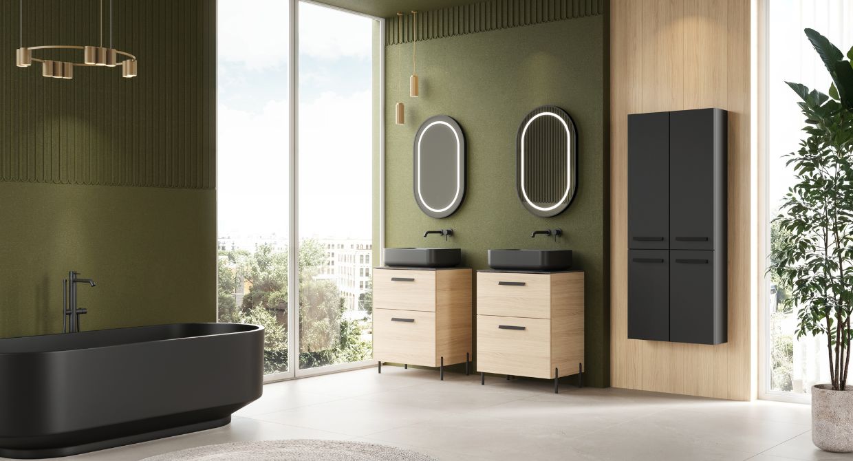 Meble łazienkowe z kolekcji Nino w dekorze dębu vicenza - dwie szafki z umywalkami nablatowymi.